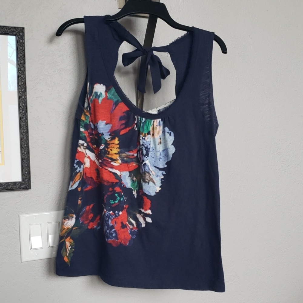 Anthropologie Blue tank with watercolor print